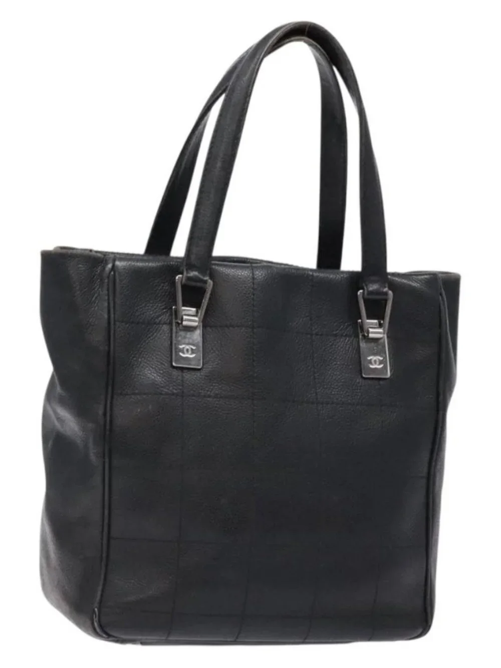 CHANEL Choco Bar COCO Mark Hand Bag Canvas Black Silver CC Auth BA5420